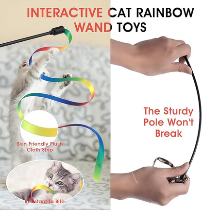 Cat Wand Toy Set, Interactive Cat Wand Toys with Rainbow and Leopard Print Cloth Strings for Small Cats and Kittens - Indoor Training Catcher (6 Packs)