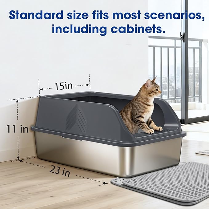 Stainless Steel Cat Litter Box with Lid, Enclosed Litter Boxes XL High Sided for Kitty Big Cat and Multiple Cats, Anti-Urine Leakage | Non-Stick & Includes Cat Mat and Scoop