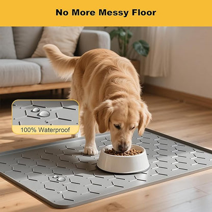 Pieviev 34''x22'' Dog Cat Food Bowl Mat, Silicone Waterproof Food Grade Pet Food Mat for Floor, High Raised Edge to Prevent Spills, Non-Slip & Easy Clean Pet Placemat for Dog & Cat Bowls, Light Gray