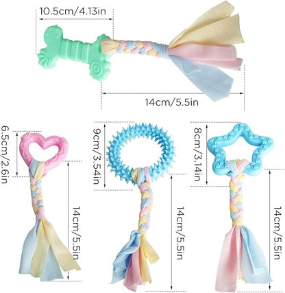 4 PCS Chew Toys for Teething, Soft Rubber Puppy Chew Toys, Puppy Teething Ring, Rope Dog Toys, Funny Interactive Toy for 2-8 Months Teething Small Dogs