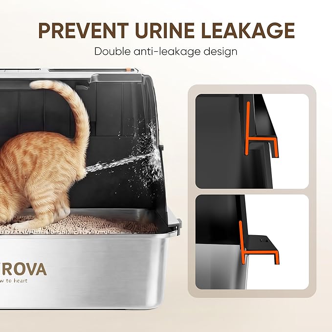 Stainless Steel Litter Box with Lid, XL Metal Litter Box for Big Cats, Premium 304 Stainless Steel, Leak-Proof Enclosed High Sides,Odor Resistant & Easy Clean, Flip-Up Lid with Scoop & Mat (Black)
