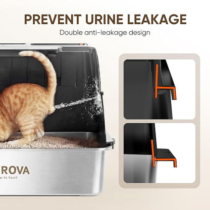 Stainless Steel Litter Box with Lid, XL Metal Litter Box for Big Cats, Premium 304 Stainless Steel, Leak-Proof Enclosed High Sides,Odor Resistant & Easy Clean, Flip-Up Lid with Scoop & Mat (Black)