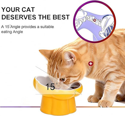 Cat Slow Feeder Flower-Shaped Ceramic Slow Feeder Cat Bowl, Tilted Raised Cat Slow Feeder Bowl for Whisker Relief, Prevents Vomiting & Bloating, Non-Slip Base