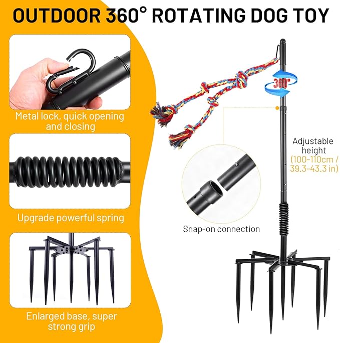 Tether Tug Outdoor Dog Toy,Tether Tug For Large Dogs,Spring Pole For Dogs in Park,Yard,Lawn,2 Rope Toy and Bell Pull Chase and Solo Play,Tether Interactive Dog Tug Toy,For Medium Small Dogs(Black)
