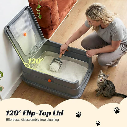 Stainless Steel Litter Box with Lid, Front Entry Top Exit Cat Litter Box, Extra Large High Sided Enclosed Metal Litter Box with Scoop, Pedal & Litter Mat, Grey