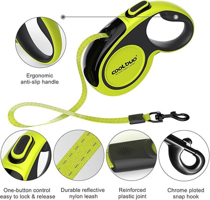 360° Tangle-Free, Heavy Duty Retractable Dog Leash with Anti-Slip Handle; 16 ft Reflective Strong Nylon Tape; for Large Dog or Cat up to 110 lbs; One-Handed Brake, Pause, Lock (Green, Large)
