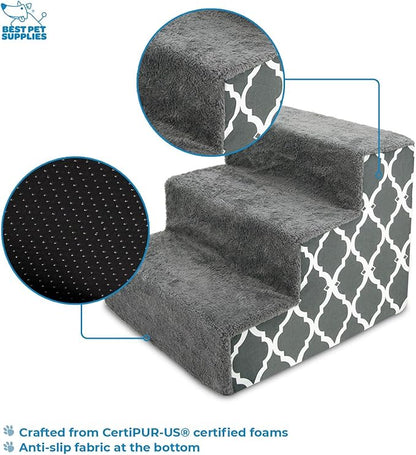 Best Pet Supplies Dog Stairs & Steps - Foam Steps for Small Dogs & Cats, Non-Slip Indoor Balanced Pet Step Support, Dog Ramp, No Assembly, Gray Lattice Print, 3-Step (13.5-inch Height)
