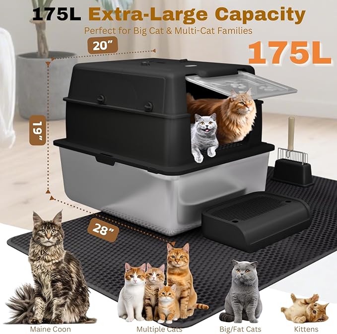 XXXXL Jumbo Stainless Steel Litter Box with Lid for Maine Coon, 28" L x 20" W x 19" H Extra Large Stainless Steel Cat Litter Box for Big Cat and Multi-Cats Families,Non-Sticky, Anti-Leakage (Black)