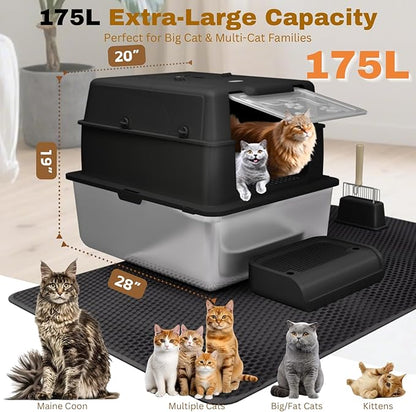 XXXXL Jumbo Stainless Steel Litter Box with Lid for Maine Coon, 28" L x 20" W x 19" H Extra Large Stainless Steel Cat Litter Box for Big Cat and Multi-Cats Families,Non-Sticky, Anti-Leakage (Black)