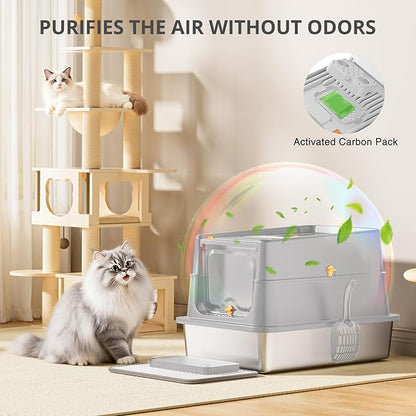 Stainless Steel Cat Litter Box, XL Enclosed Cat Litter Box with Lid, Easy to Clean High-Sided Metal Kitty with Top Entry, Scoop, Mat, Brush & Foot Pedal-Light Gray