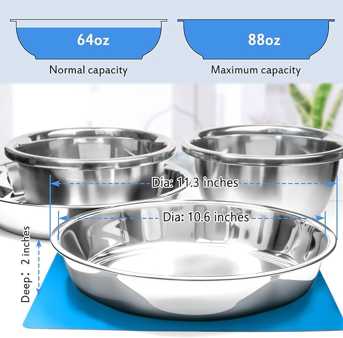 Shallow Dog Food Bowls, Non Slip Food Grade Stainless Steel Bowls for Large Dogs - Interior Size (Dia:10.6" xHeight 2.0") Hold 8 Cups / 2 Quart (2 Packs)