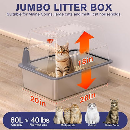 XXXL Stainless Steel Litter Box with Lid，Extra Large 28"L*20"W*18.1"H Metal Cat Litter Boxs,Jumbo Enclosed Removable Litter Box High Sides For Big Cats,with Cat Litter Scoop, Leak-Proof, Easy to Clean