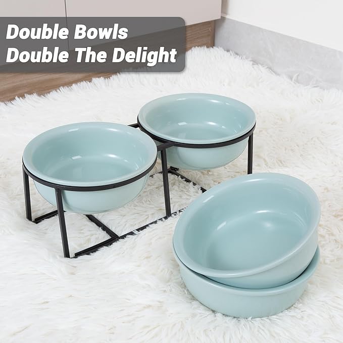Ceramic Elevated Dog Bowl Set - Double Dog Food and Water Bowls with Metal Stand - Raised Pet Dishes for Puppies and Cats - 1 Cup - 13.5 fl oz - Green