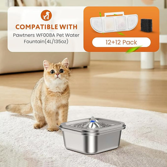 12 Pack Replacement Filters Compatible with Pawtners WF008A Pet Cat Dog Water Fountain (4L/135oz), Refill Filters with 12 Sponges