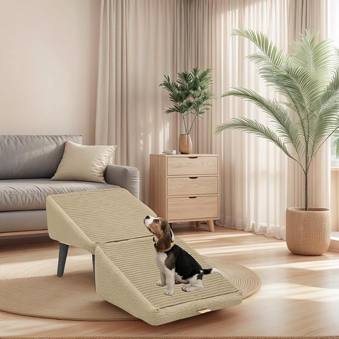 Split Ottoman Dog Ramp, Suitable for Porch Steps, Outdoor, Multifunctional Folding Ramp Stairs, Bed and Sofa Integrated, Large and Small Dog Pet Sofa Steps, 13.8 Inches (Off-White)
