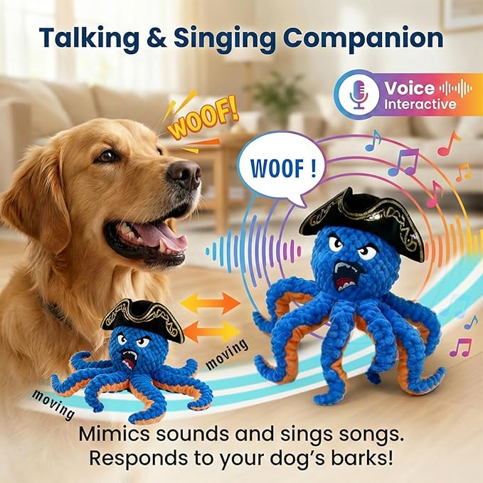 Self Moving Interactive Octopus Dog Toy Set with 2 Balls - Automatic Bouncing Wobble Ball & Durable Chew Ball, 4-in-1 Squeaky Plush Enrichment Toy to Keep Them Busy for Medium Large Dogs