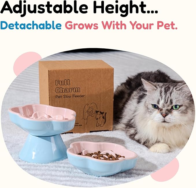 Detachable Slow Feeder Cat Bowl, Melamine Elevated Cat Bowls - Heavy Weighted, Tilted Raised Slow Feeder, Non-Slip Small Dogs Slow Feeders Bowl, Dry & Wet Food, Whisker Friendly(Pink, 5.8"