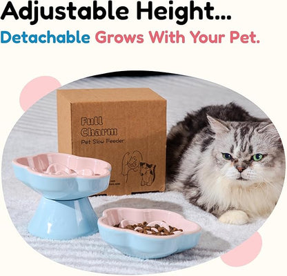 Detachable Slow Feeder Cat Bowl, Melamine Elevated Cat Bowls - Heavy Weighted, Tilted Raised Slow Feeder, Non-Slip Small Dogs Slow Feeders Bowl, Dry & Wet Food, Whisker Friendly(Pink, 5.8"