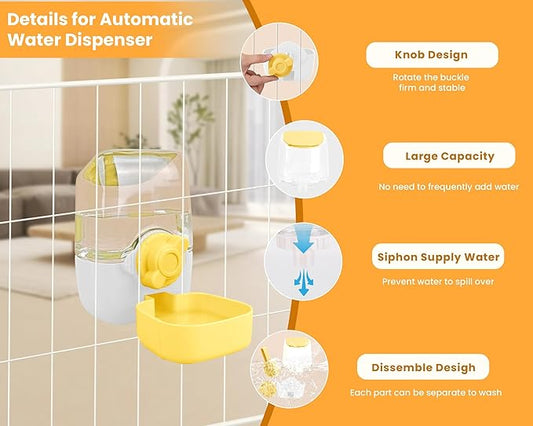 Automatic Replenish Pet Waterer, 1L Capacity Auto Siphon Gravity Cage Hanging Water Dispenser Set for Dog and Cat Small Animals, Removable Pet Water Bottle Water Container (Waterer, Yellow&White)