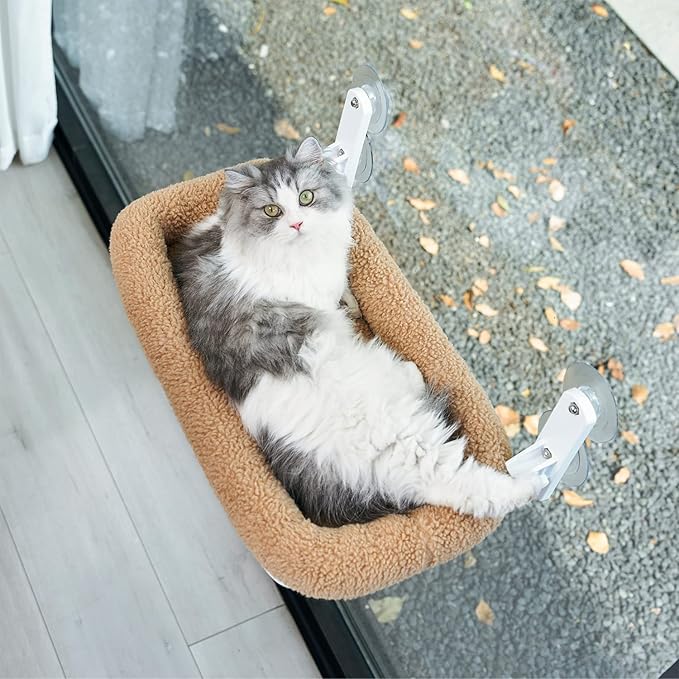 Zakkart Foldable Cat Hammock for Window - Cordless, Machine Washable Bed, Robust Metal Frame & ABS Brackets - Cat Window Perch for Large Cats and Kitten (Brown Bolster Bed, Large)