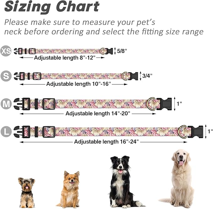 Reflective Dog Collar for Medium Dogs, Cute Flower Theme Adjustable Heavy-Duty Nylon Puppy Collar for Boy and Girl Female, Soft Pet Accessories with Quick Release Buckle, Colorful Floral