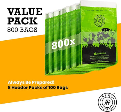 ALAGPRO® 800 Pull-Strap Dog Waste Station Refill Header Bags - Fit Any Pet Waste Header Stations - 45% Thicker than Competitor Bags - 8 Headers of 100 Bags for Backyard, Parks & HOA's
