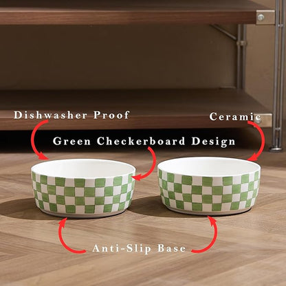 6.4 inch Ceramic Hand Painted Basic Dog Bowl Set of 2 with Anti-Skid Rubber Base, Food and Water Bowls for Small Pets Green