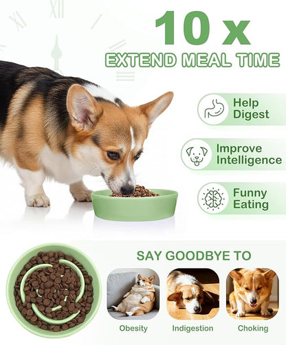 TRUVIC Ceramic Slow Feeder Dog Bowls, 1.5 Cup Puzzle Slow Feeder Bowls for Fast Eaters, Ceramic Dog Food Dish no Black Chin, Puzzle Bowl for Medium Dogs, Green
