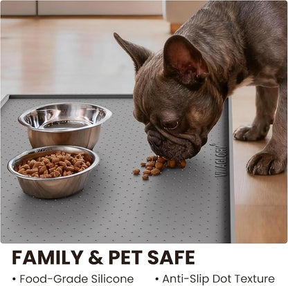 VIVAGLORY Dog Bowl Mat Grippymat Pet Food Mat, Waterproof Washable Nonslip Silicone for Pet & Cat, Food and Water Placemat with Lip & Raised Edges for Indoor Floor, L, Grey