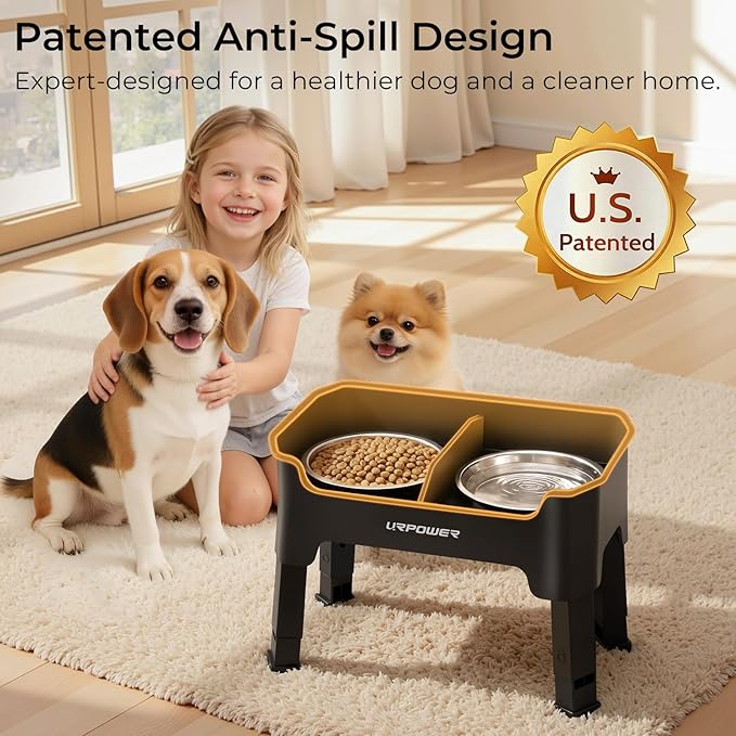 URPOWER Mess Proof Elevated Dog Bowls, High Wall Splash Guard Design, 4 Height Adjustable Raised Bowl Stand, 2 Stainless Steel Bowls, Non-Slip Food Water Set for Small Medium Large Dogs