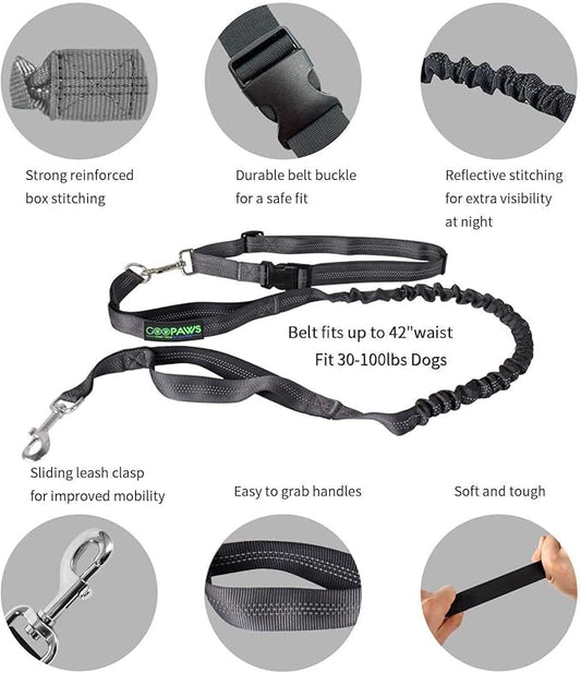 JESPET Hands Free Dog Leash for Running, Walking, Hiking Jogging for Medium & Large Dogs up to 150lbs, Durable Dual Handle Waist Leash with Reflective Bungee and Adjustable Waist (Black)