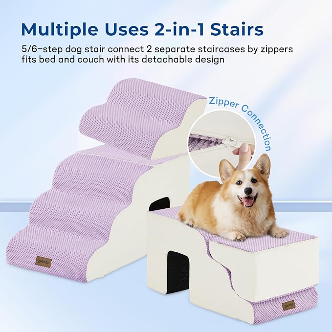 Dog Steps for High Beds - 6 Step 29" H Pet Stairs with Tunnel 2 in 1 with Zippers Suitable for Large Dogs and Cats, Indoor Cat Ladders with Non-Slip Bottom, Beige