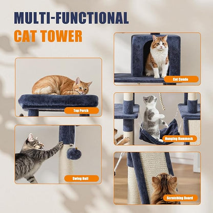 DUMOS Large 63in Cat Tree Tower, Multi Level Cat Climbing Tower with Condo, Natural Sisal Scratching Posts, Extended Platform, Hammock, Pet House for Indoor Cats and Kittens Play, Dark Grey