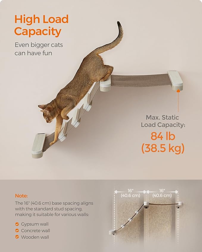 Feandrea Clickat Collection - No.002 Cat Climbing Hammock, Extremely Quick Assembly, Unlimited Expandability, Replaceable Washable Fabric, Wall-Mounted Cat Hammock Bed with Stairs