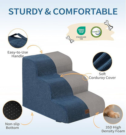 Made4Pets Dog Stairs Ramp for Small Dogs 15.7" H, 3-Step Dog Steps for Bed Couch Sofa and Chair, 35D Foam Pet Steps for Small Dogs and Cats, Non-Slip Bottom Pet Stairs, Navy