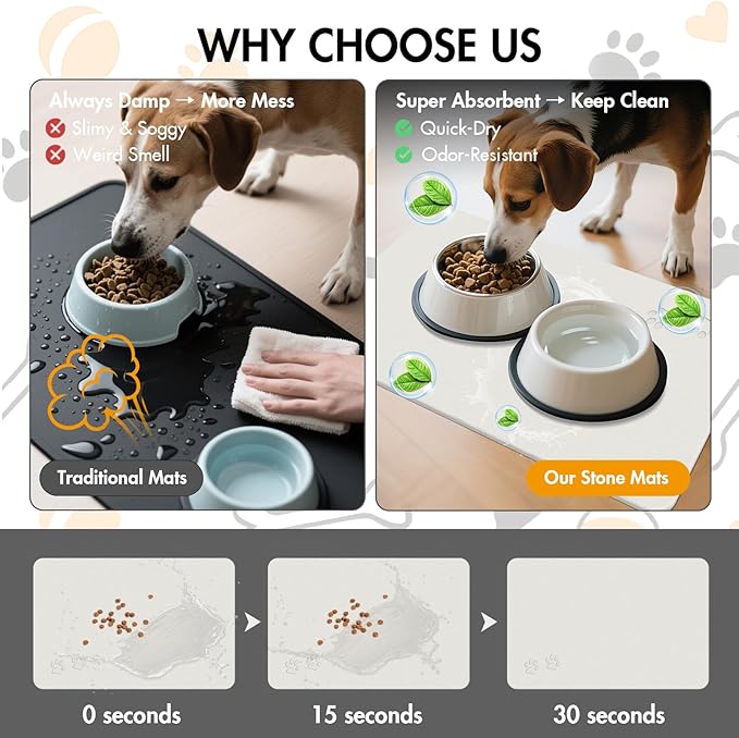 Newest Diatomite Stone Pet Feeding Mat for Dog&Cat–Super Absorbent Diatomite Fast Drying Stone Dog Food Mat, Quick Dry Dog Mats for Food and Water with Non-Slip Pad (24×16'', Off White, Square)