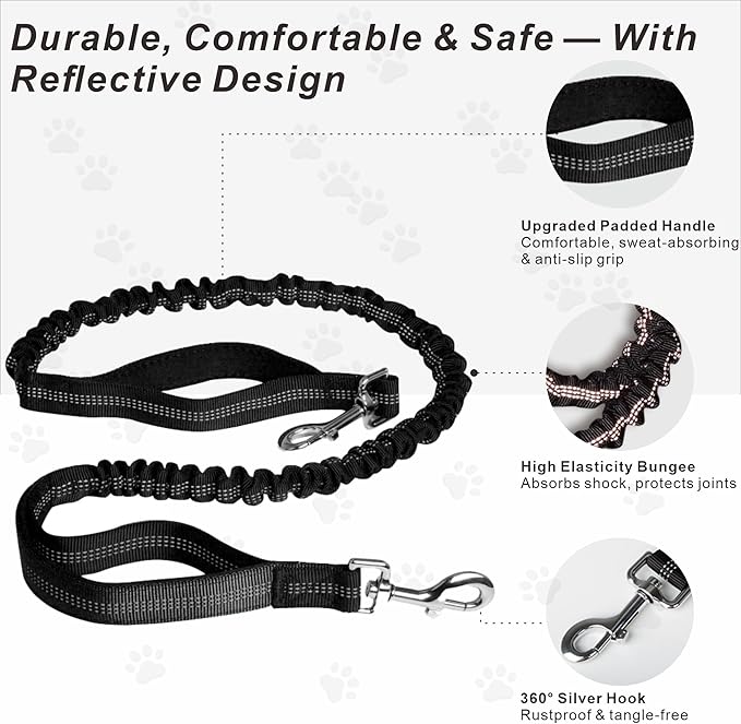 Hands-Free Dog Leash for Dogs up to 130 lbs – Heavy-Duty, Shock-Absorbing Bungee Leash with Zipper Pouch, Dual Padded Handles & Adjustable Waist Belt for Running & Walking –Classic Black