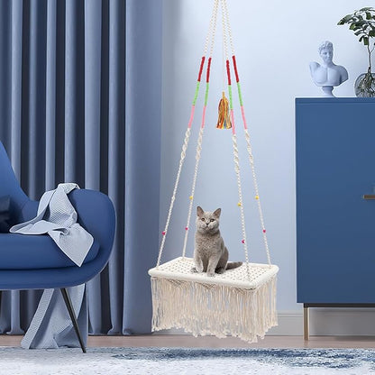 Hanging Cat House Macrame Cat Hammock Bohemian Style Wear-Resistant Indoor Pet Bed for Kittens