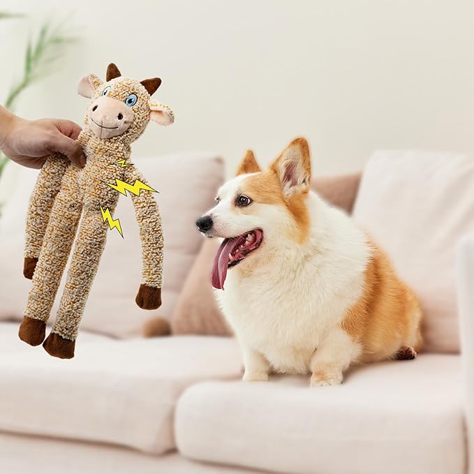 Cattle No Stuffing Dog Toys for Large Dogs, Squeaky Crinkle Interactive Dog Animals, Plush Teething Toys to Keep Them Busy, Cute Funny Dogs Gifts for Small Medium Large Breed