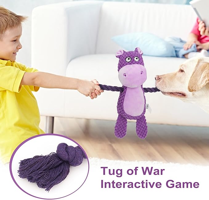 Dog Toys, Dog Squeaker Toys with Crinkle Paper, Stuffed Animal Dog Plush Chewing Toy, Cotton Rope Interactive Toys for Puppy, Small, Middle Dogs (Purple Hippo)