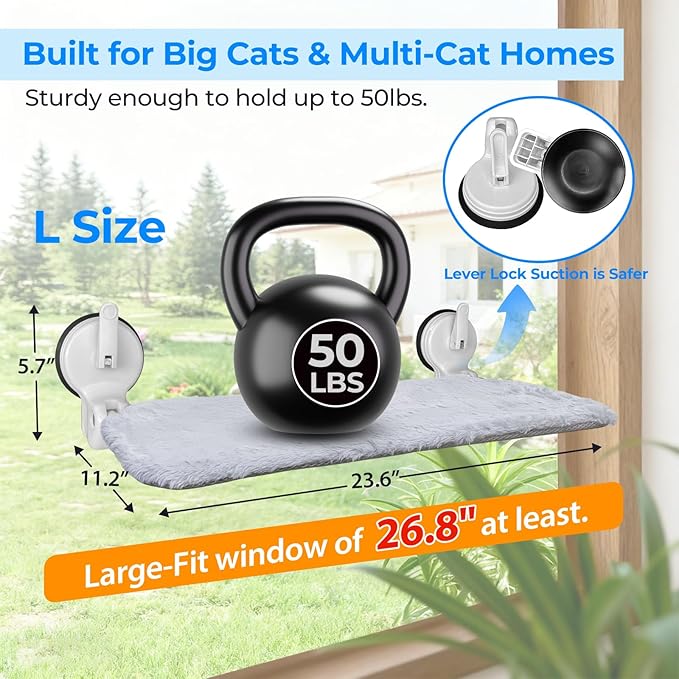 L&W BROS. 2PC Cat Window Perch with Lever Lock Suction Cups Holds up to 50 lbs Foldable & Space Saving Design Heavy Duty Window Hammock for Large or Multiple Cats (L 2Pc)