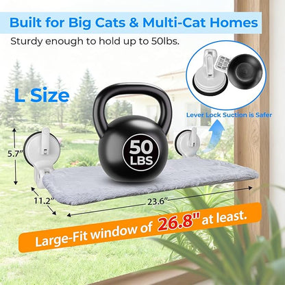 L&W BROS. 2PC Cat Window Perch with Lever Lock Suction Cups Holds up to 50 lbs Foldable & Space Saving Design Heavy Duty Window Hammock for Large or Multiple Cats (L 2Pc)