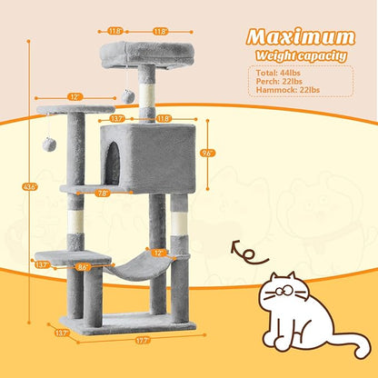DUMOS Small 44 Inch Cat Tree Tower, Cat Climbing Tower with Natural Sisal Scratching Posts, Hammock, Pet Condo for Indoor Cats and Kittens Play, Light Grey