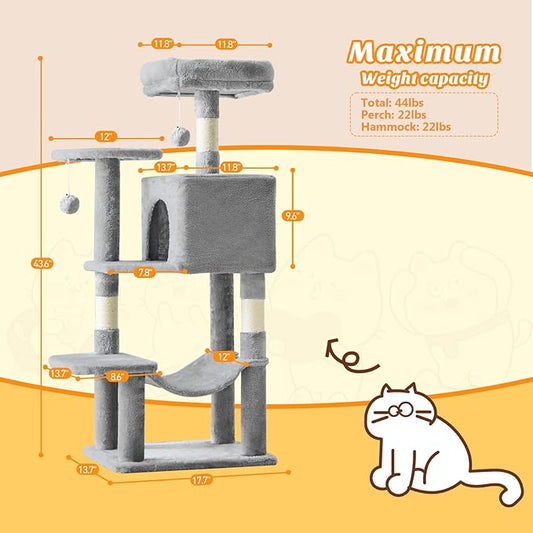 DUMOS Small 44 Inch Cat Tree Tower, Cat Climbing Tower with Natural Sisal Scratching Posts, Hammock, Pet Condo for Indoor Cats and Kittens Play, Light Grey