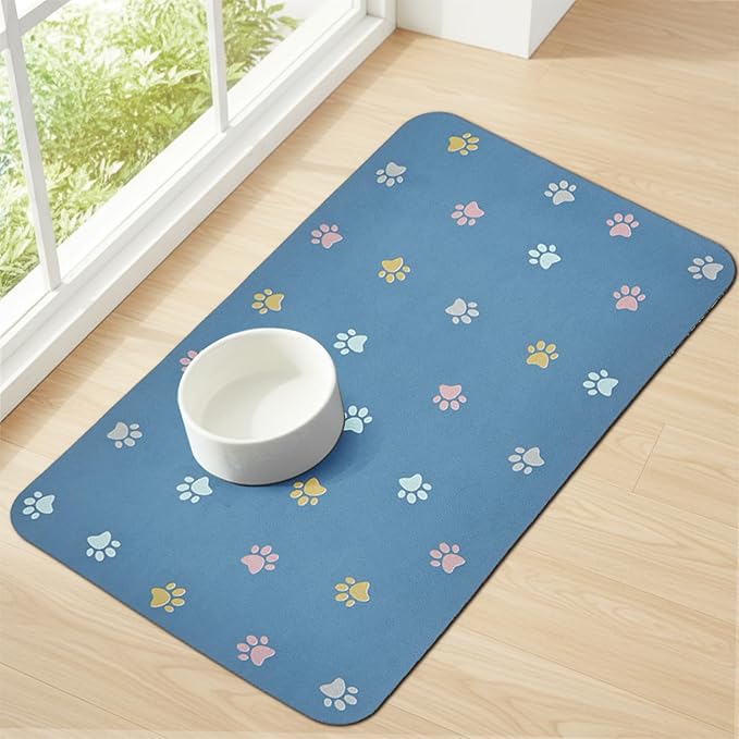 Pet Feeding Mat Absorbent Dog Mat for Food and Water Non Slip Quick Dry Dog Bowl Mats for Floors 27" X 17" Paw Lake Blue