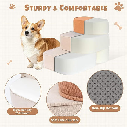 Dog Stairs for Small Dogs, 3 Step Dog Stair for High Bed and Couch, Non-Slip High Density Foam Sturdy Pet Steps with Removable Washable Cover for Older Cat