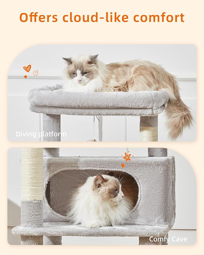 Taoqimiao Cat Tree,49-Inch Cat Tower for Indoor Cats,2 Luxurious cat condo with Adjustable Large Hanging Baskets and Large Luxurious Perch Light Gray MS029LW
