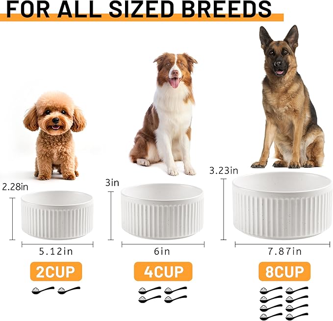 Non-Slip Ceramic Dog Bowls, 5" Dog Food and Water Bowl Set with Silicone Base, 16oz/2cups Weighted Flip-Proof Pet Feeding Bowl for Small Dogs and Cats (Small, White)
