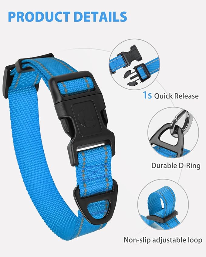 Joytale Dog Collars for Medium Dogs, Comfortable Double-Sided Reflective Nylon Collar for Night Safety, Adjustable Quick-Release for Active Pets, Sky Blue, M (1" Width)