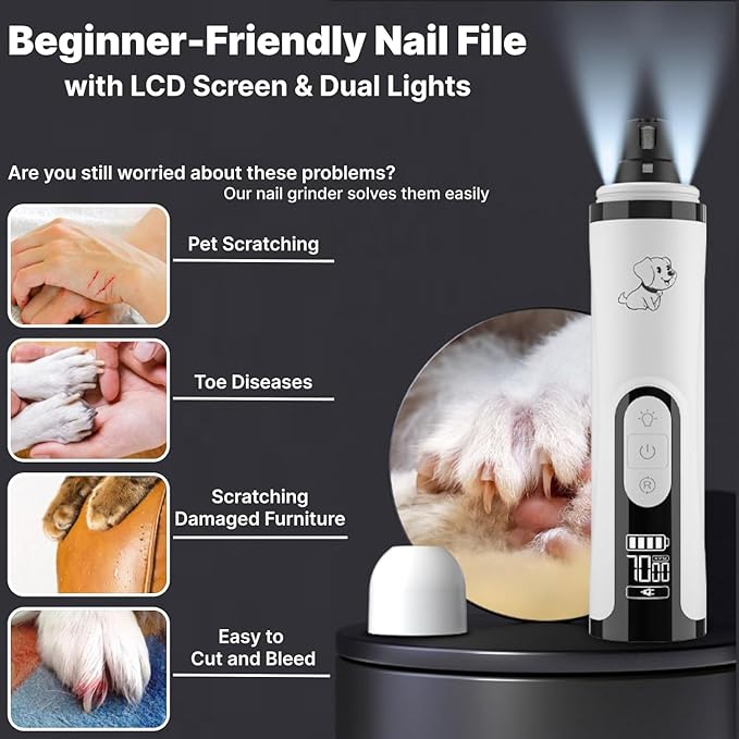 Silent Groom Pro Dog Nail Grinder -Professional Cat & Dog Nail Trimmers with light & 3 Speeds, Pet Nail Grinder Quiet and Painless Paws Grooming, Suitable for Small Medium Pets (2 Replacement Head)